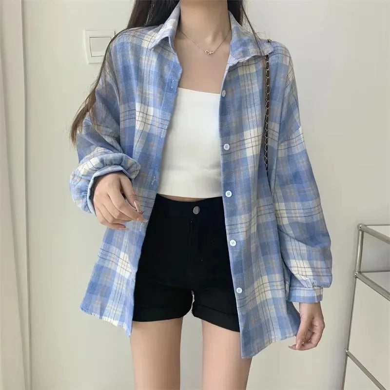 Camisa de cuadros de mujer, moda de otoño, blusa de manga larga, estilo vintage, abotonada, para mujer, estilo preppy, camisas a cuadros holgadas