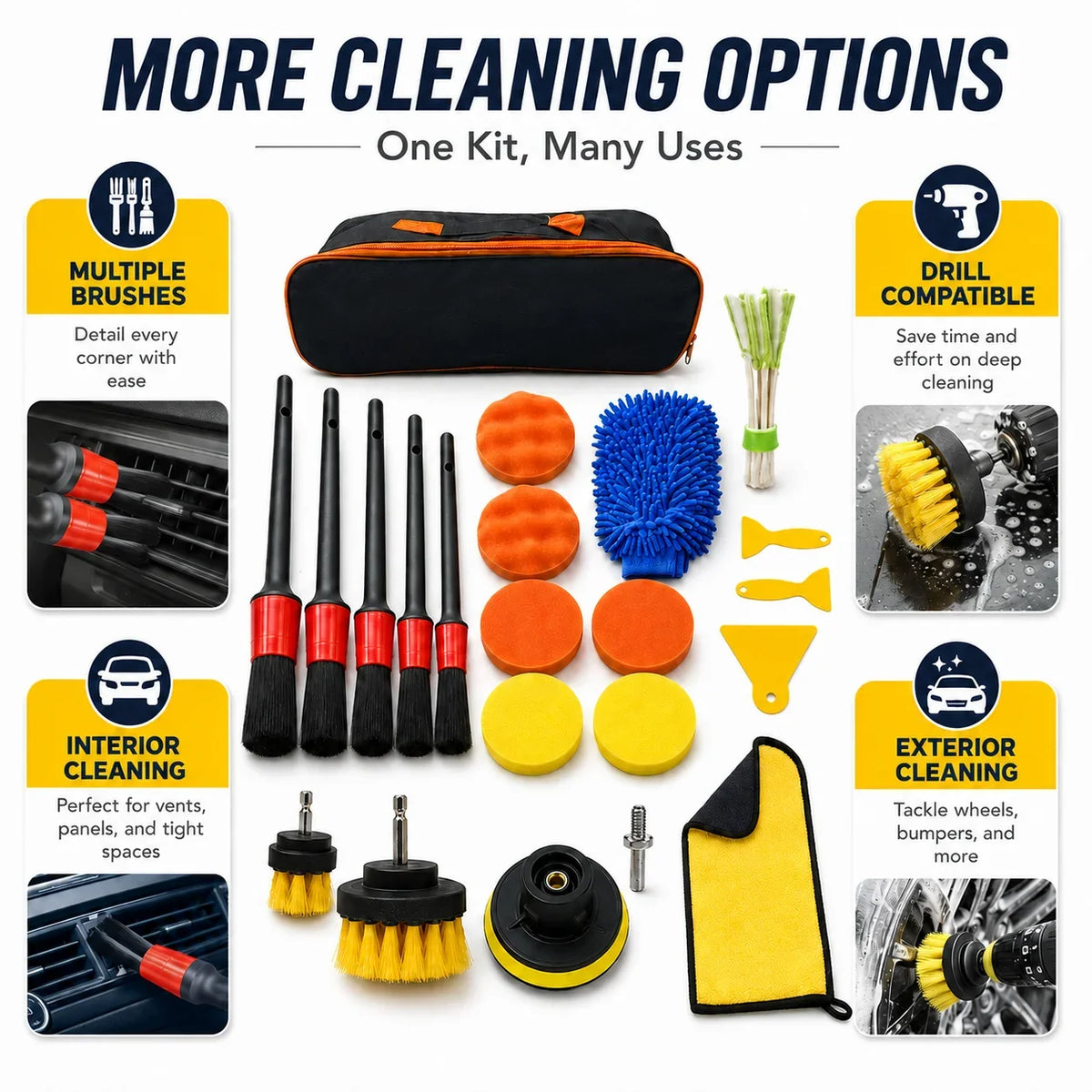 Nuevo kit de limpieza para coche: cepillo de taladro, set de brochas para detallado, limpiador de rejillas de aire acondicionado, toalla y pulidora, herramientas para detallado automotriz