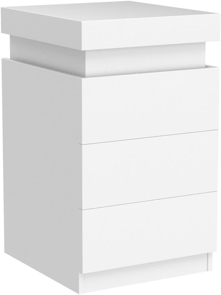 Mesita de Noche Blanca LED con 3 Cajones, Mesitas de Noche LED Modernas Multicolor para Dormitorio, Sala de Estar