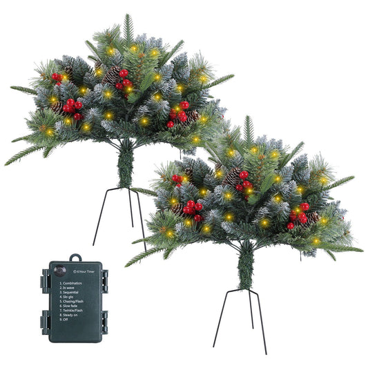 2 piezas de relleno de maceta para árbol de Navidad con luces, árboles de Navidad artificiales iluminados con piñas y bayas, relleno decorativo para macetas festivas, luces LED, pino para senderos, resistente al agua IP44
