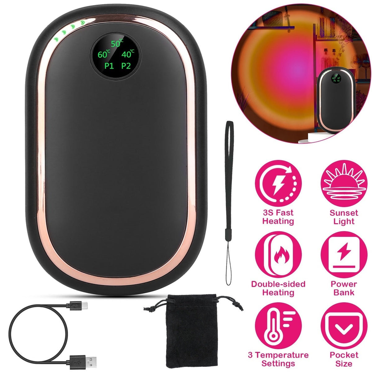 Calentador de manos eléctrico recargable, calentador de bolsillo portátil reutilizable, batería externa con pantalla digital, luz de atardecer, 3 niveles de temperatura y calentamiento de doble cara