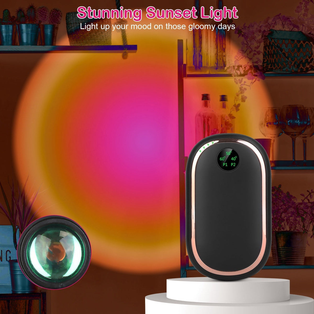 Calentador de manos eléctrico recargable, calentador de bolsillo portátil reutilizable, batería externa con pantalla digital, luz de atardecer, 3 niveles de temperatura y calentamiento de doble cara