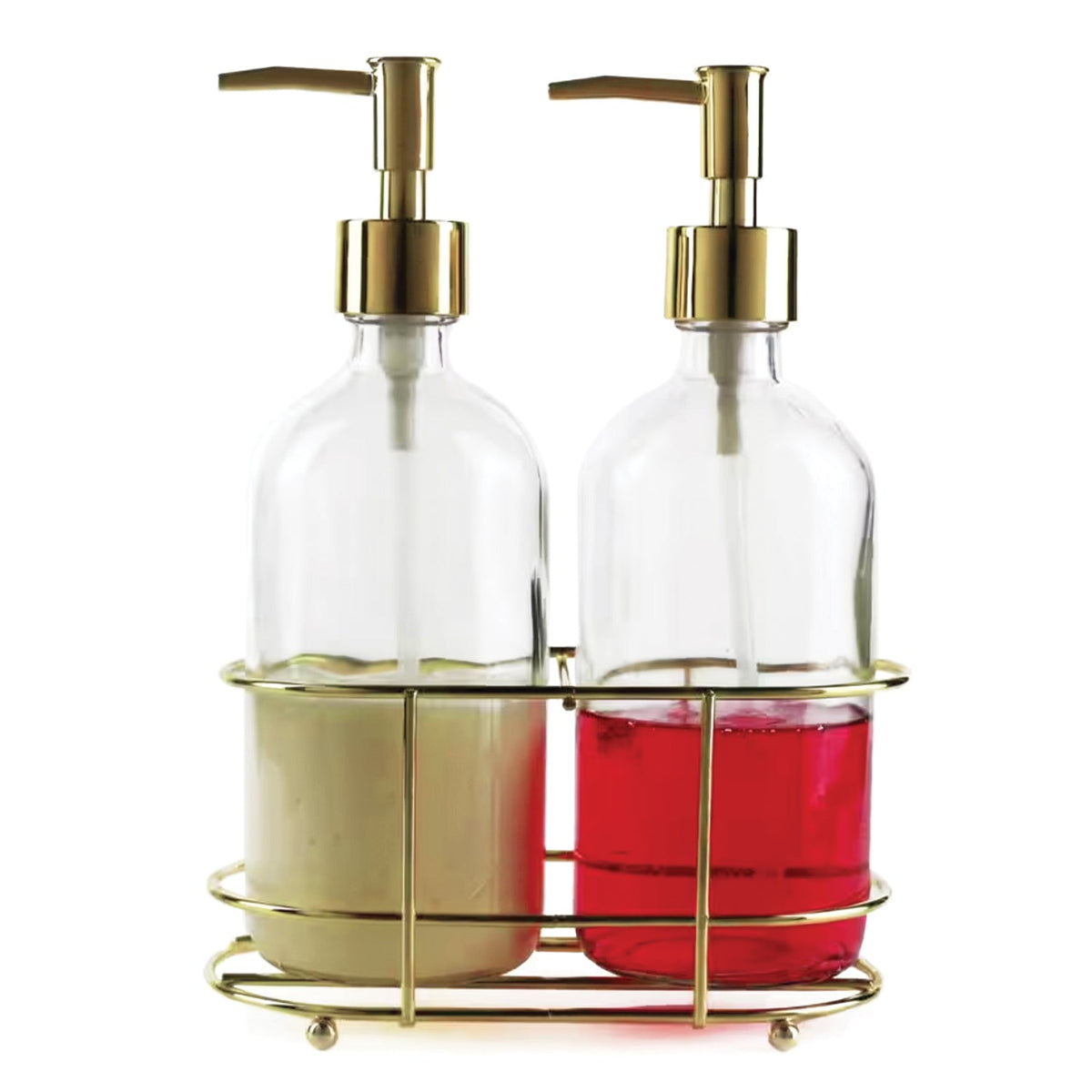 Set de 2 dispensadores de jabón Dispense It Duo con organizador metálico color dorado