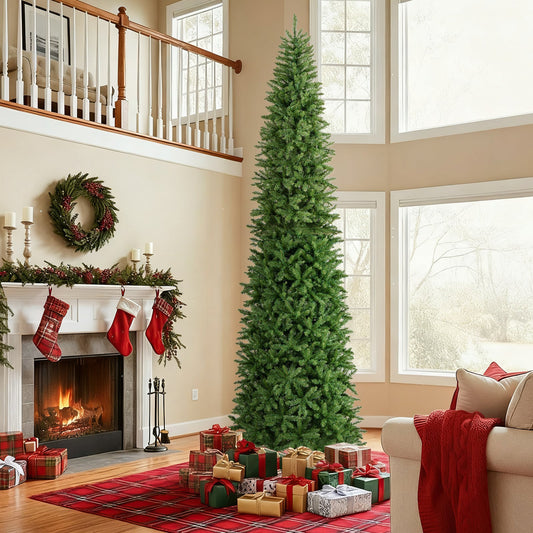 Árbol de Navidad Artificial Preiluminado de 12 Pies de Alto, Delgado, Tipo Lápiz, con Luces, para Interiores y Exteriores