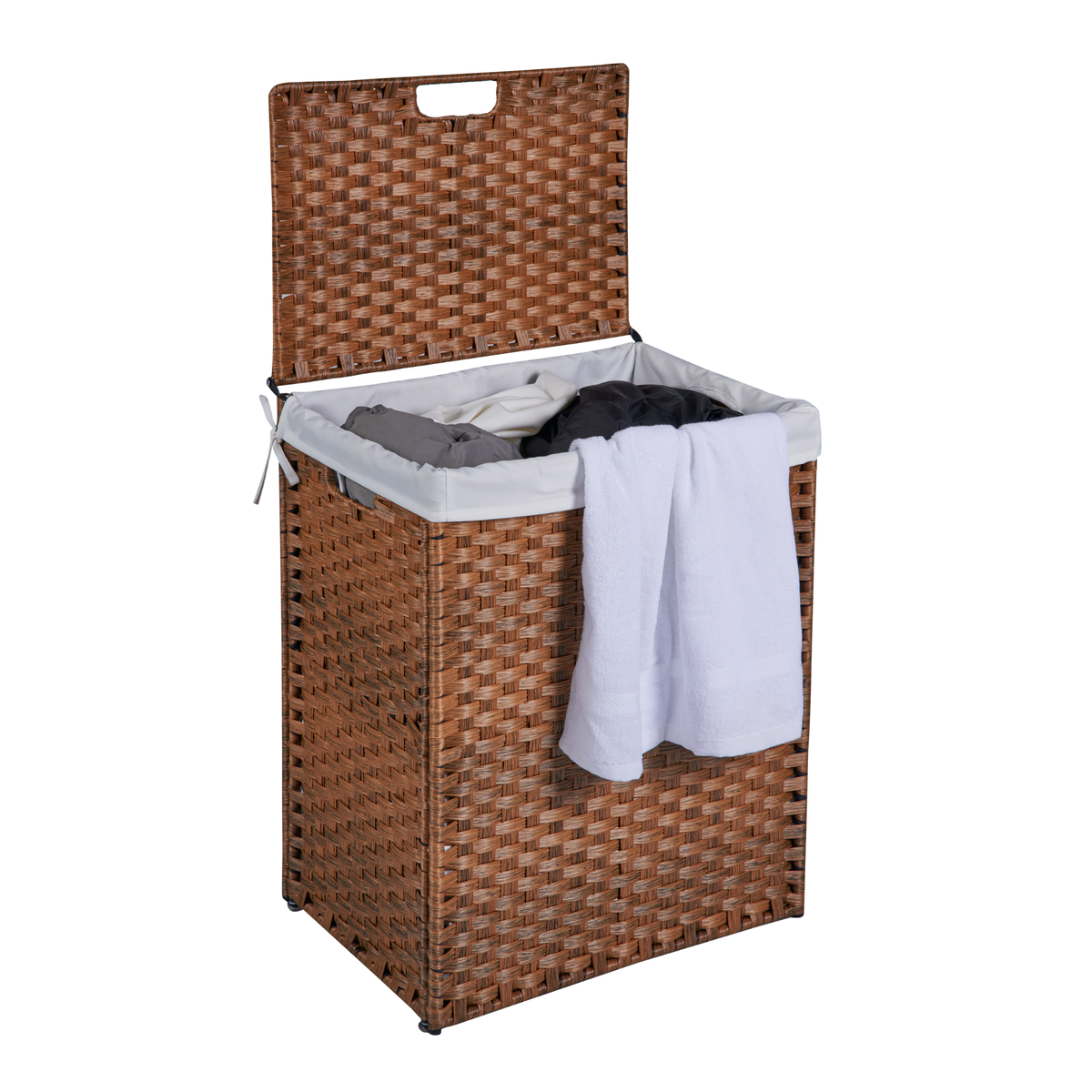Cesto de ropa con tapa, de ratán PE, estructura con recubrimiento en polvo, con 2 bolsas extraíbles, 100 L, color marrón