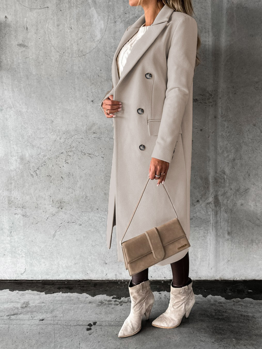 Abrigo de solapa cruzado Moda de invierno Sólido Delgado Chaqueta larga Mangas largas Ropa de mujer