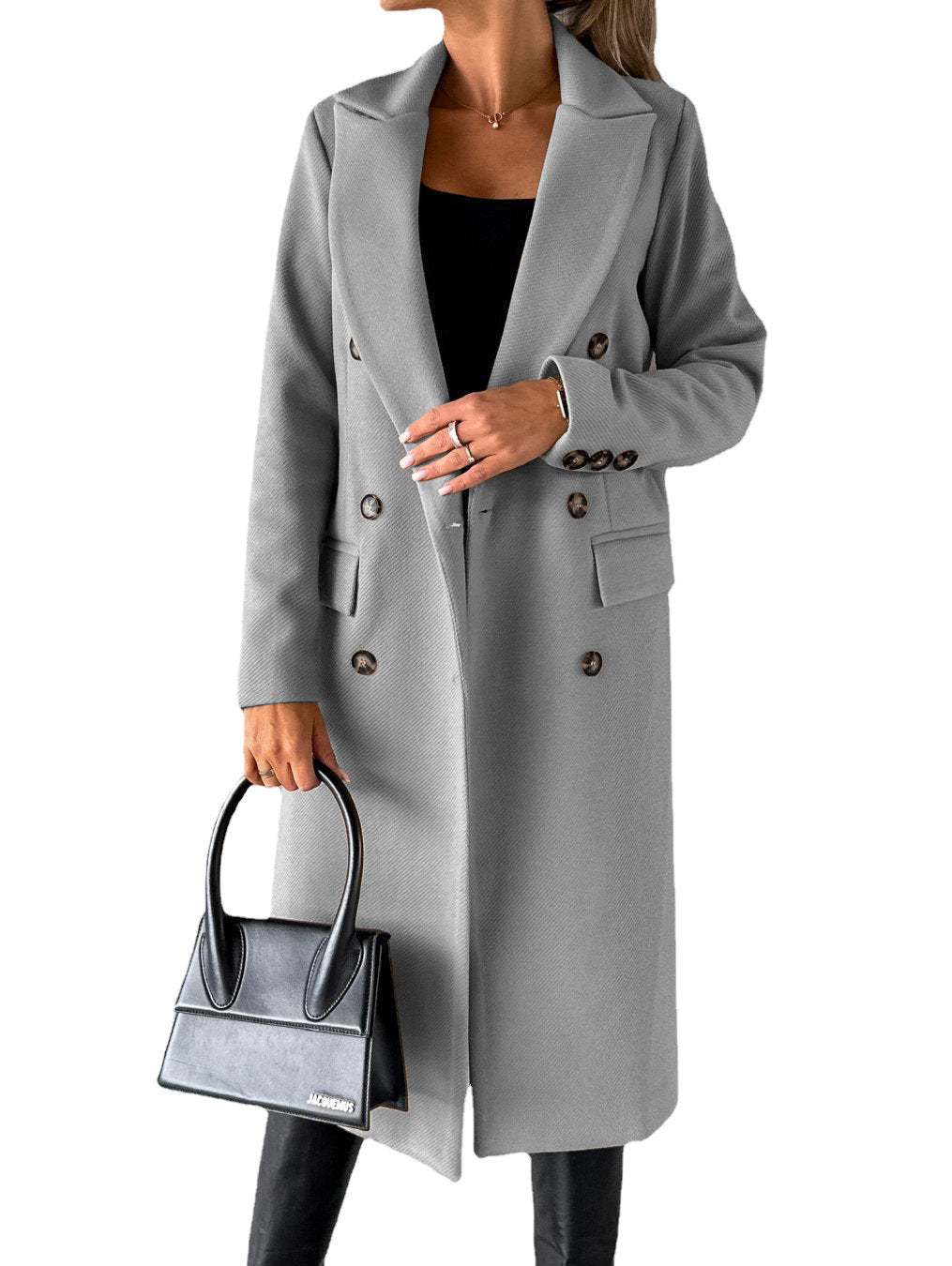 Abrigo de solapa cruzado Moda de invierno Sólido Delgado Chaqueta larga Mangas largas Ropa de mujer