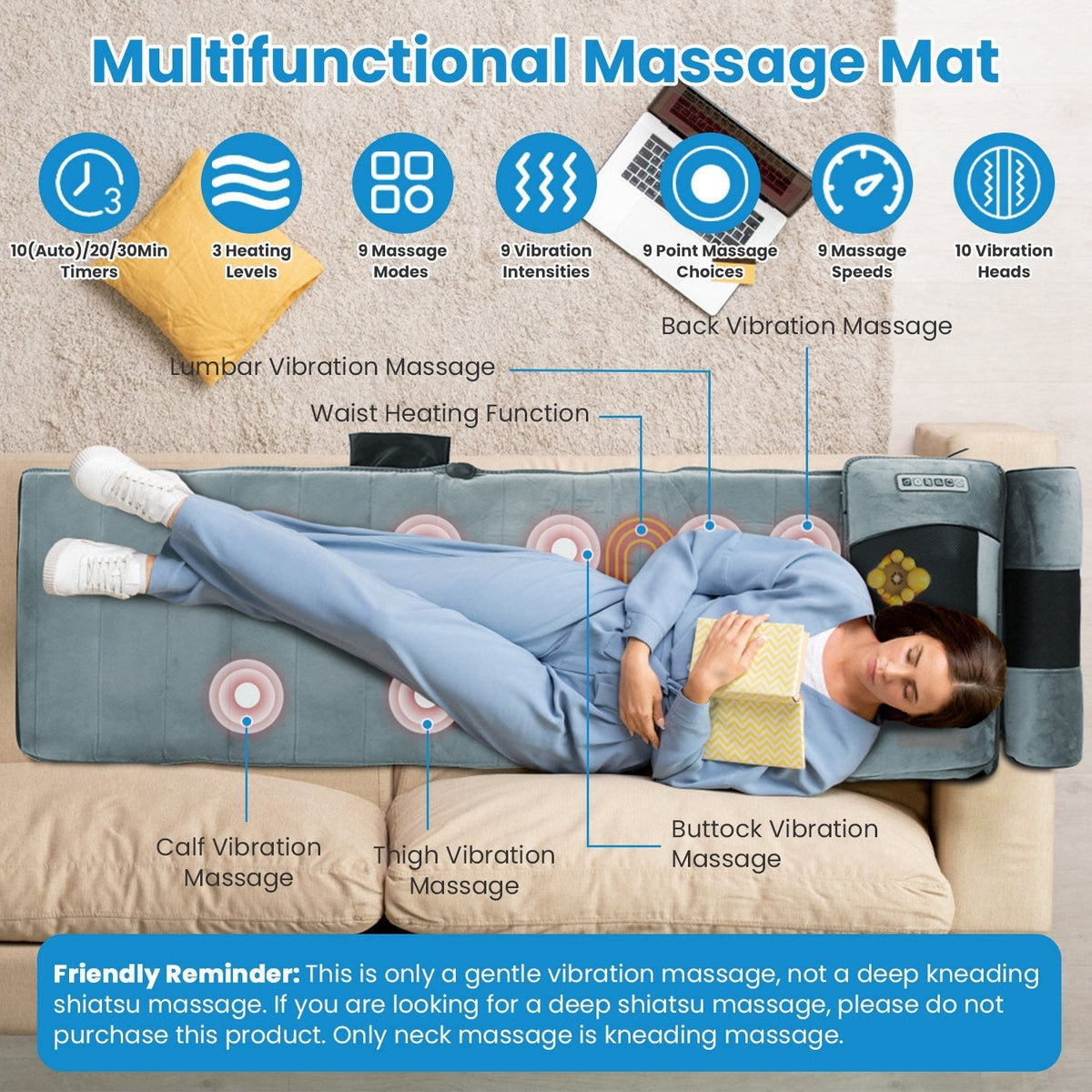 Esterilla de masaje eléctrico para cuerpo completo, cojín térmico con vibración, colchón de masaje para espalda, almohadilla para silla con masaje de cuello, masaje de pies, almohada para la cabeza e inflable