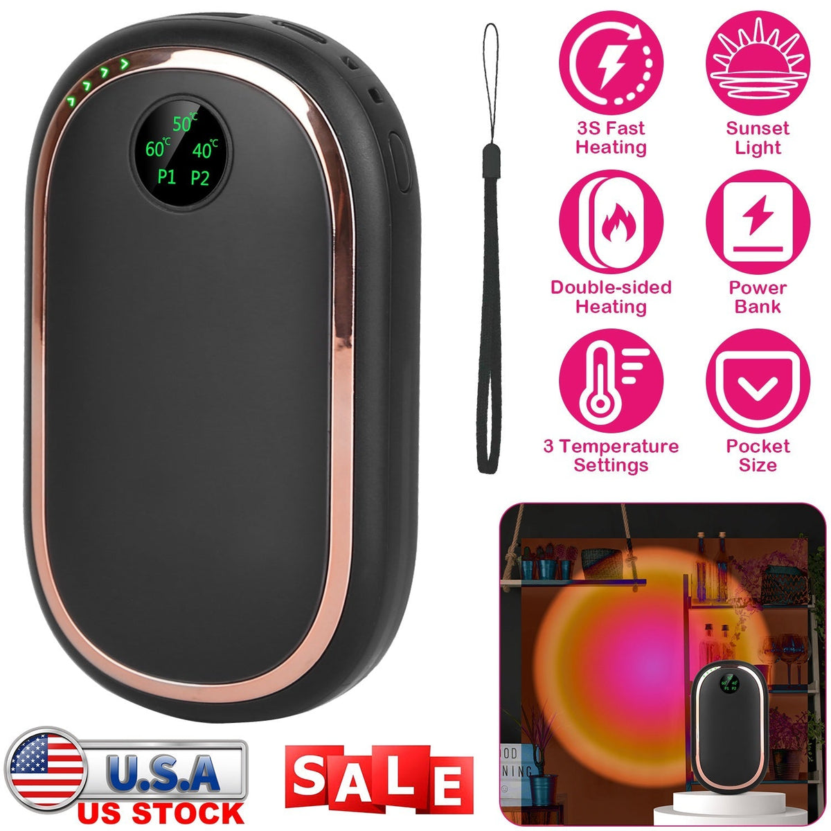 Calentador de manos eléctrico recargable, calentador de bolsillo portátil reutilizable, batería externa con pantalla digital, luz de atardecer, 3 niveles de temperatura y calentamiento de doble cara