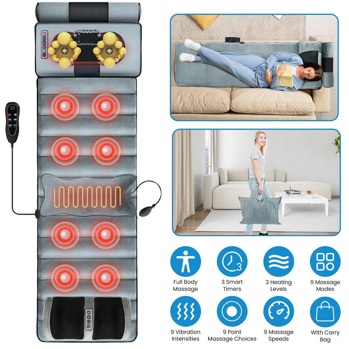Esterilla de masaje eléctrico para cuerpo completo, cojín térmico con vibración, colchón de masaje para espalda, almohadilla para silla con masaje de cuello, masaje de pies, almohada para la cabeza e inflable