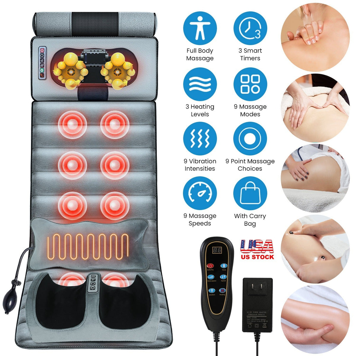 Esterilla de masaje eléctrico para cuerpo completo, cojín térmico con vibración, colchón de masaje para espalda, almohadilla para silla con masaje de cuello, masaje de pies, almohada para la cabeza e inflable