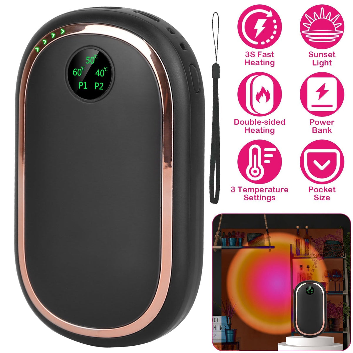 Calentador de manos eléctrico recargable, calentador de bolsillo portátil reutilizable, batería externa con pantalla digital, luz de atardecer, 3 niveles de temperatura y calentamiento de doble cara