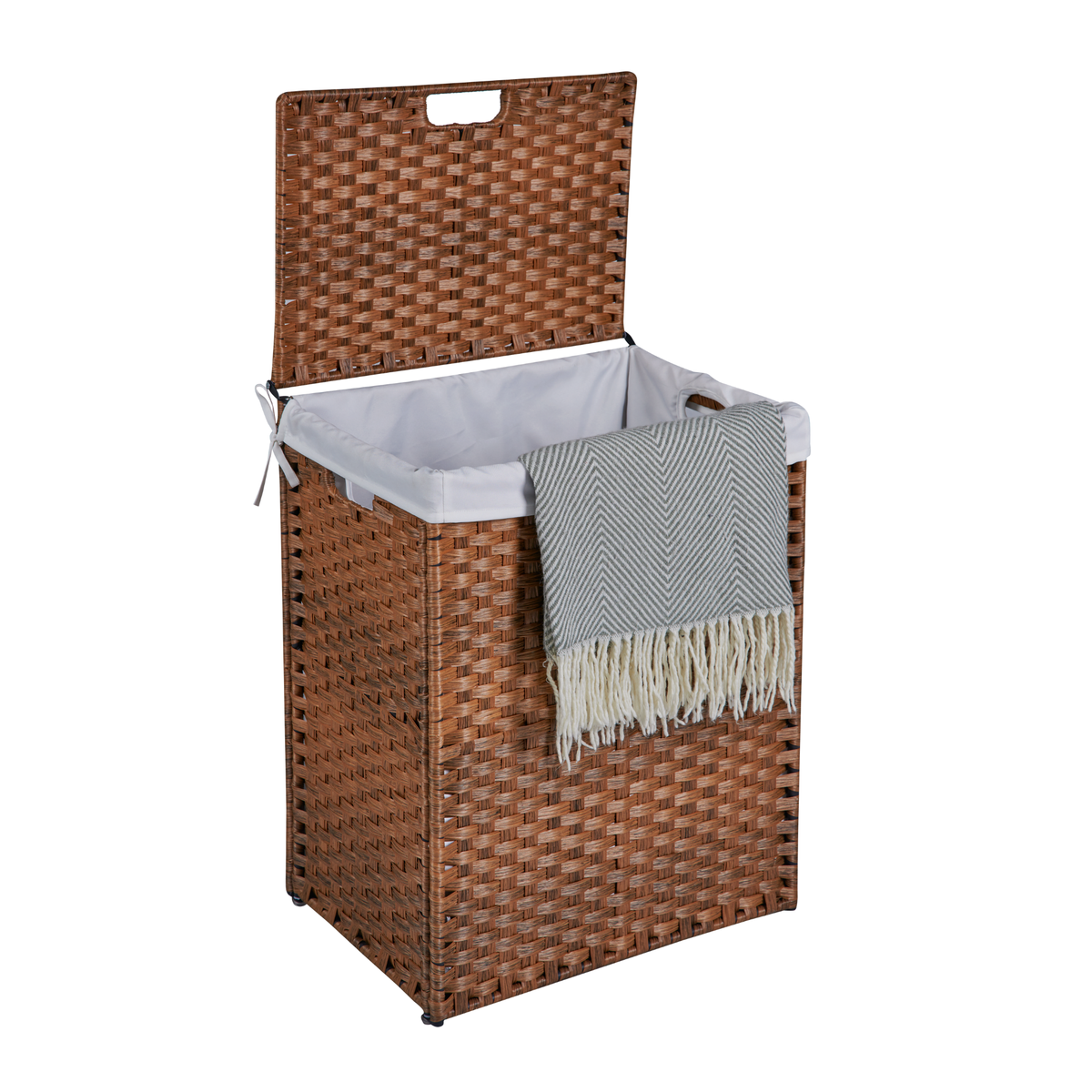 Cesto de ropa con tapa, de ratán PE, estructura con recubrimiento en polvo, con 2 bolsas extraíbles, 100 L, color marrón