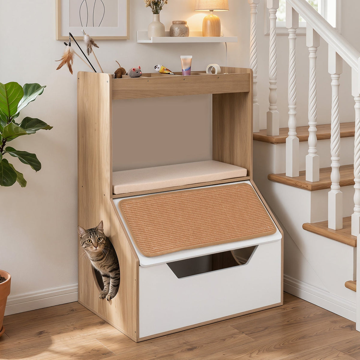 Mueble oculto para caja de arena con rascador y cojín