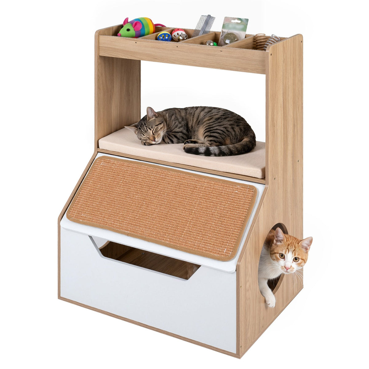 Mueble oculto para caja de arena con rascador y cojín