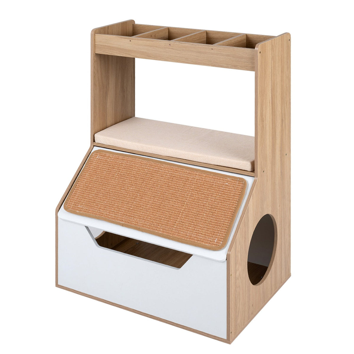 Mueble oculto para caja de arena con rascador y cojín