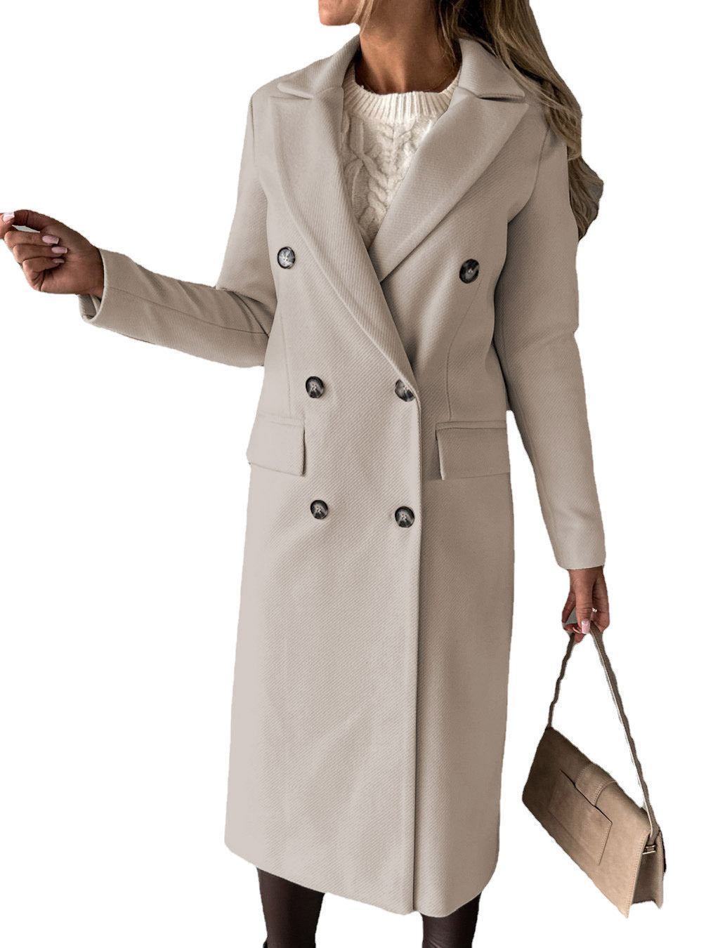 Abrigo de solapa cruzado Moda de invierno Sólido Delgado Chaqueta larga Mangas largas Ropa de mujer