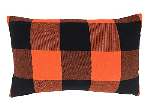 Fennco Styles Rustic Buffalo Plaid Design Cotton Decorative Throw Pillow 13 x 20 Inch - Orange Black Holiday Accent Pillow for Home, Couch, Living Room, Bedroom and Office Décor