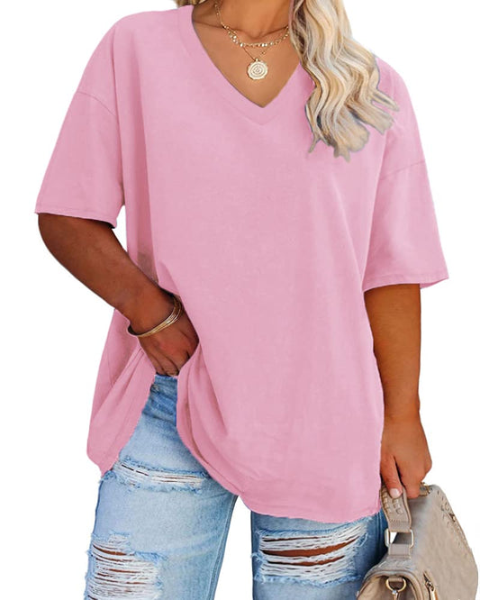 كاتو فاشونز أونلاين - تيشيرتات قطنية بفتحة رقبة على شكل حرف V للنساء بمقاسات كبيرة - بلوزات تونيك صيفية فضفاضة بنصف كم