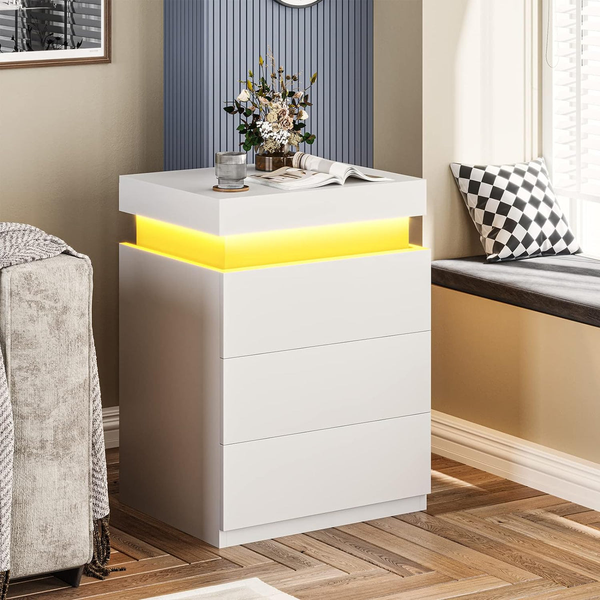 Mesita de Noche Blanca LED con 3 Cajones, Mesitas de Noche LED Modernas Multicolor para Dormitorio, Sala de Estar