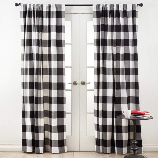 ستائر نوافذ بنقشة مربعات الجاموس (Buffalo Plaid) من القطن الخالص 100% بفتحة للتعليق على القضيب، لوح واحد لغرفة النوم، غرفة المعيشة، باب الفناء، أو باب الشرفة المنزلق، 54 بوصة عرض × 84 بوصة طول، أبيض-أسود