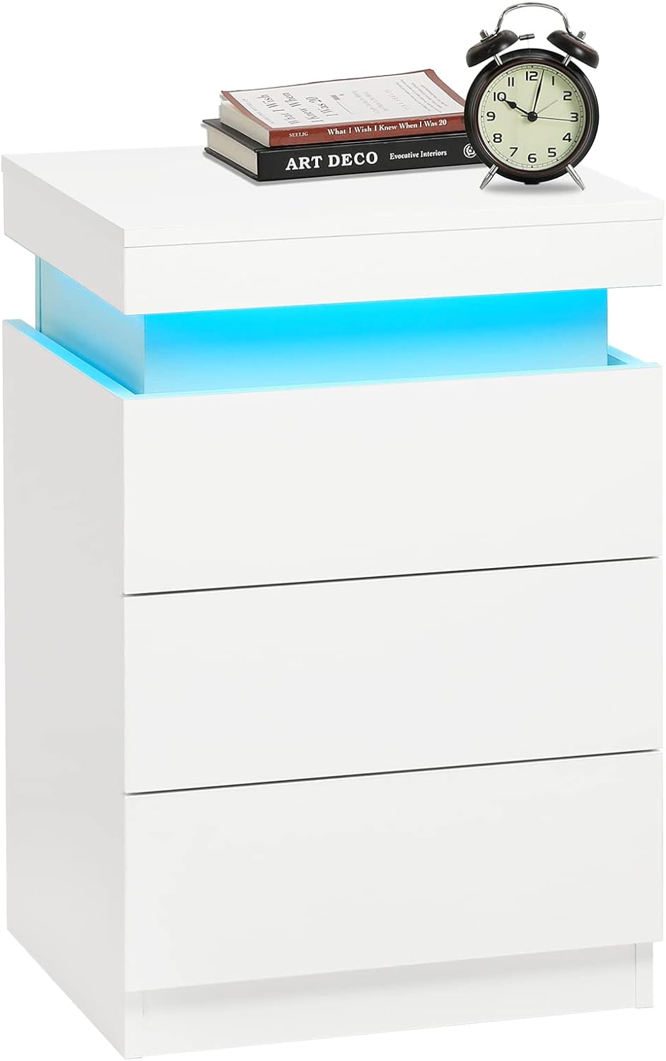Mesita de Noche Blanca LED con 3 Cajones, Mesitas de Noche LED Modernas Multicolor para Dormitorio, Sala de Estar