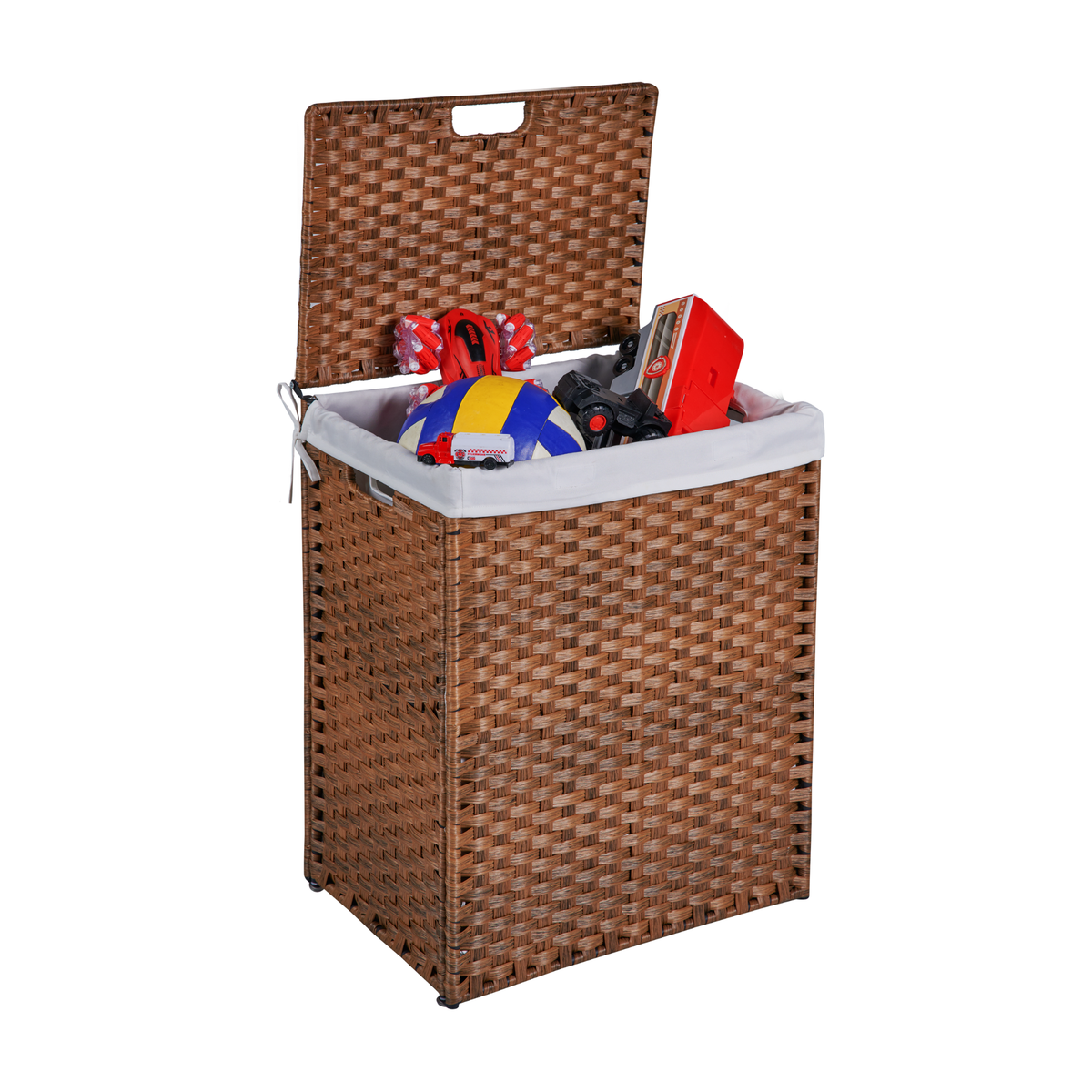 Cesto de ropa con tapa, de ratán PE, estructura con recubrimiento en polvo, con 2 bolsas extraíbles, 100 L, color marrón