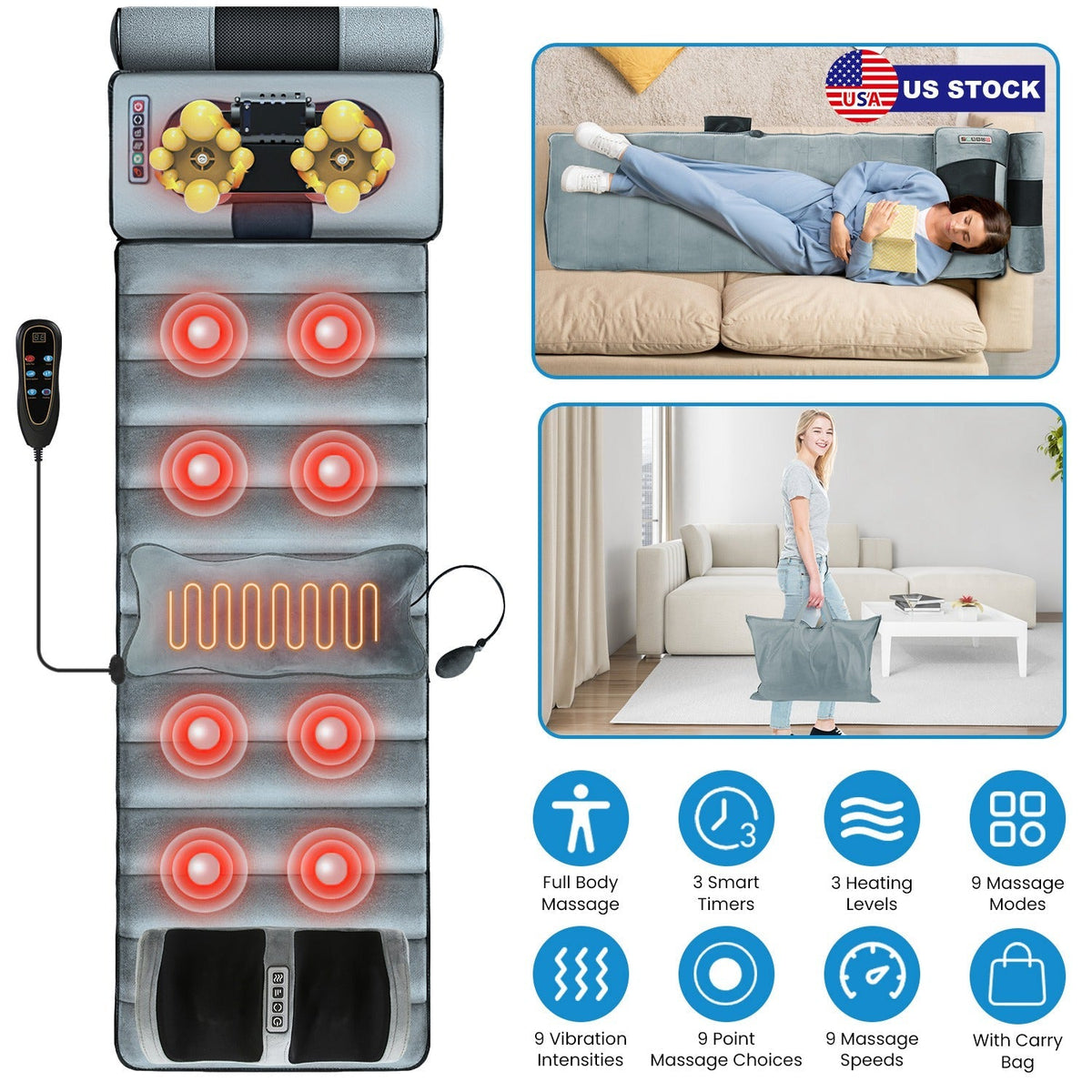 Esterilla de masaje eléctrico para cuerpo completo, cojín térmico con vibración, colchón de masaje para espalda, almohadilla para silla con masaje de cuello, masaje de pies, almohada para la cabeza e inflable
