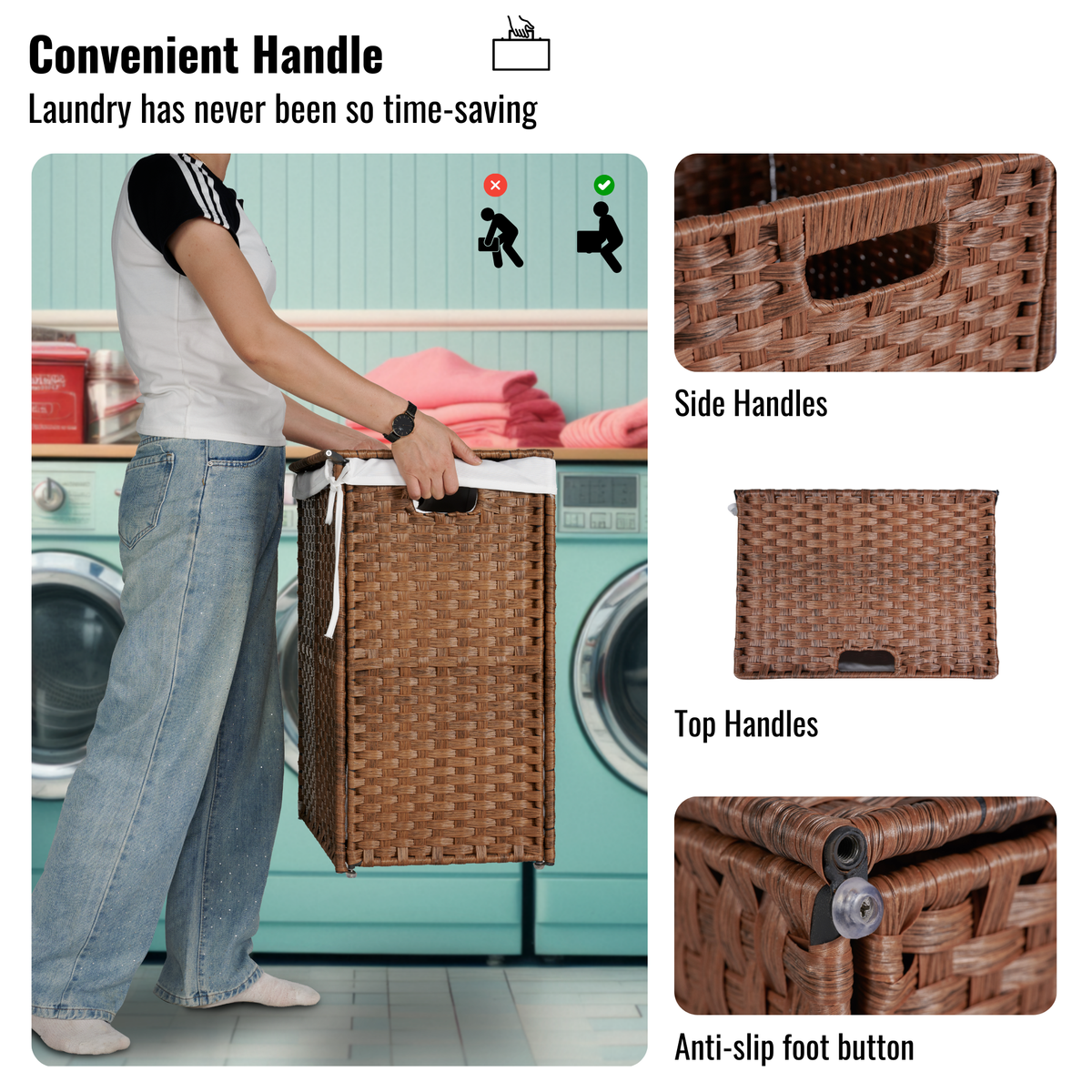 Cesto de ropa con tapa, de ratán PE, estructura con recubrimiento en polvo, con 2 bolsas extraíbles, 100 L, color marrón