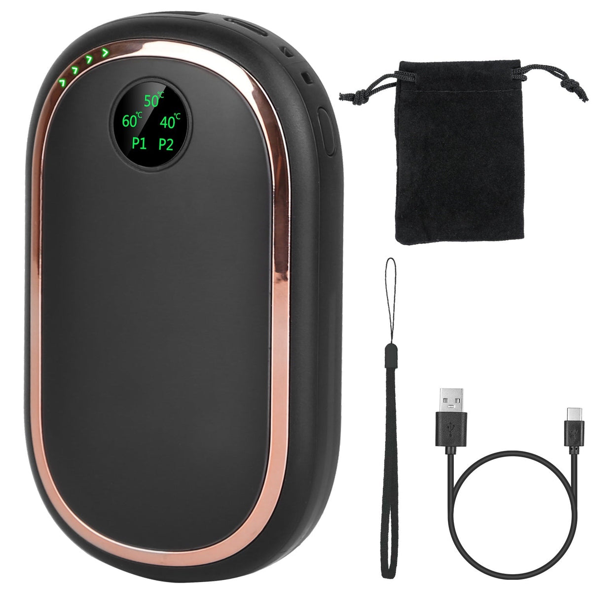 Calentador de manos eléctrico recargable, calentador de bolsillo portátil reutilizable, batería externa con pantalla digital, luz de atardecer, 3 niveles de temperatura y calentamiento de doble cara