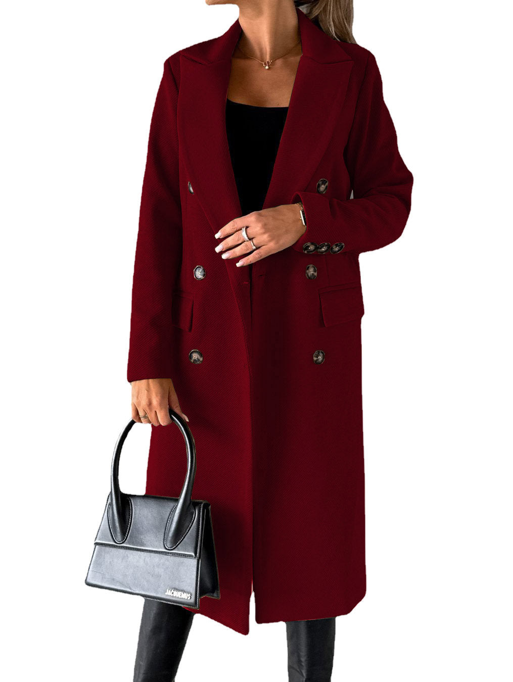 Abrigo de solapa cruzado Moda de invierno Sólido Delgado Chaqueta larga Mangas largas Ropa de mujer