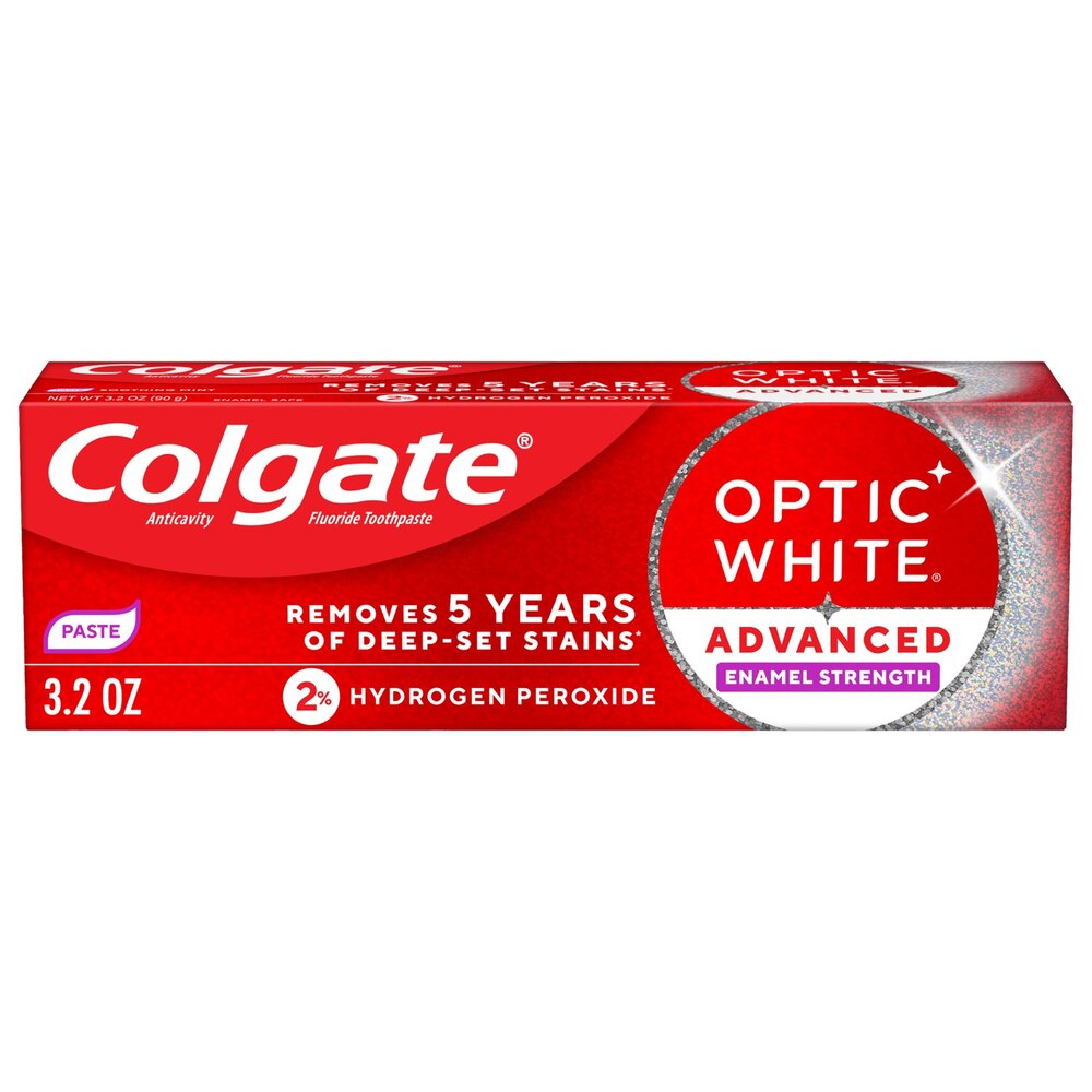 Pasta dental Colgate Optic White Advanced Enamel Strength con 2% de peróxido de hidrógeno, menta, 3.2 OZ
