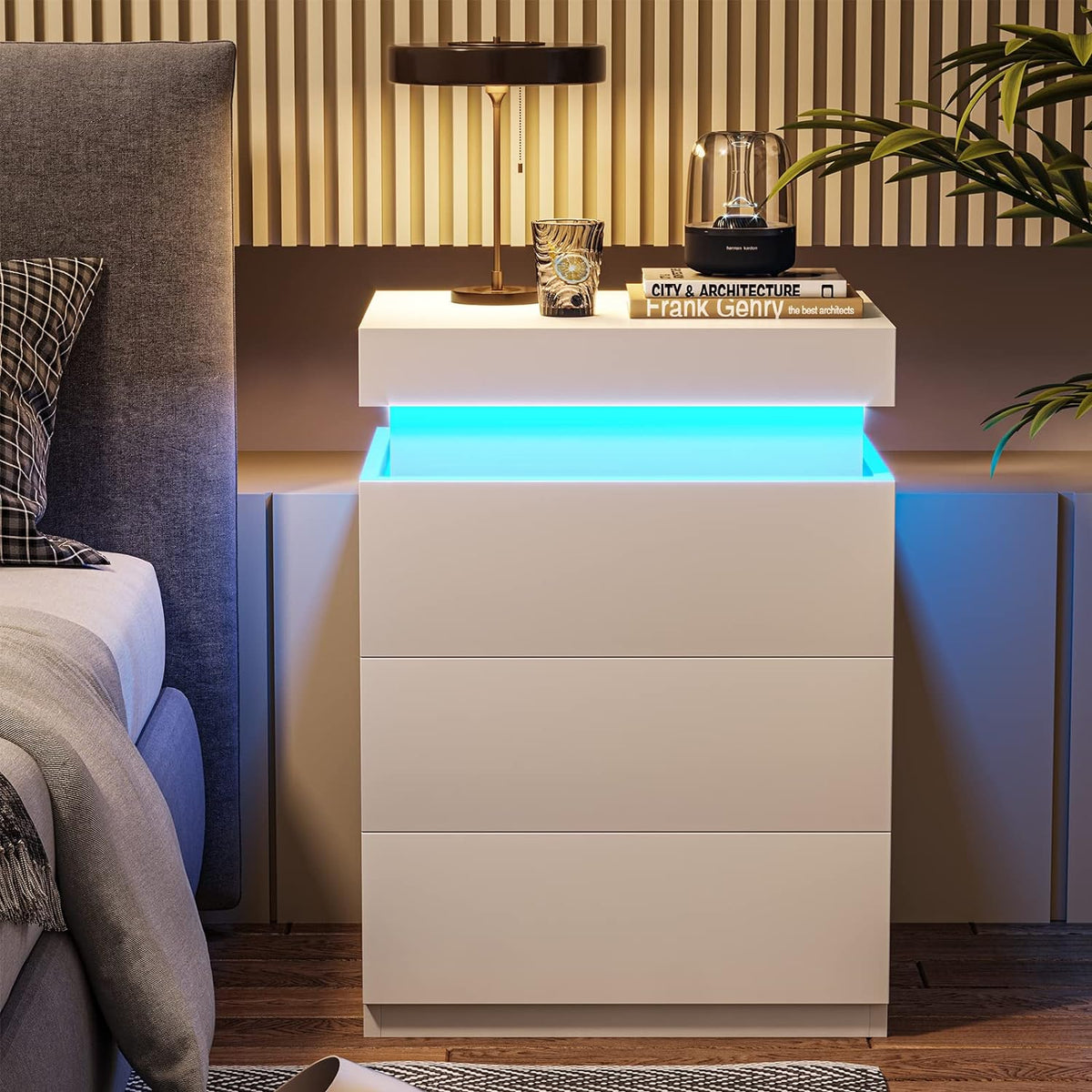 Mesita de Noche Blanca LED con 3 Cajones, Mesitas de Noche LED Modernas Multicolor para Dormitorio, Sala de Estar