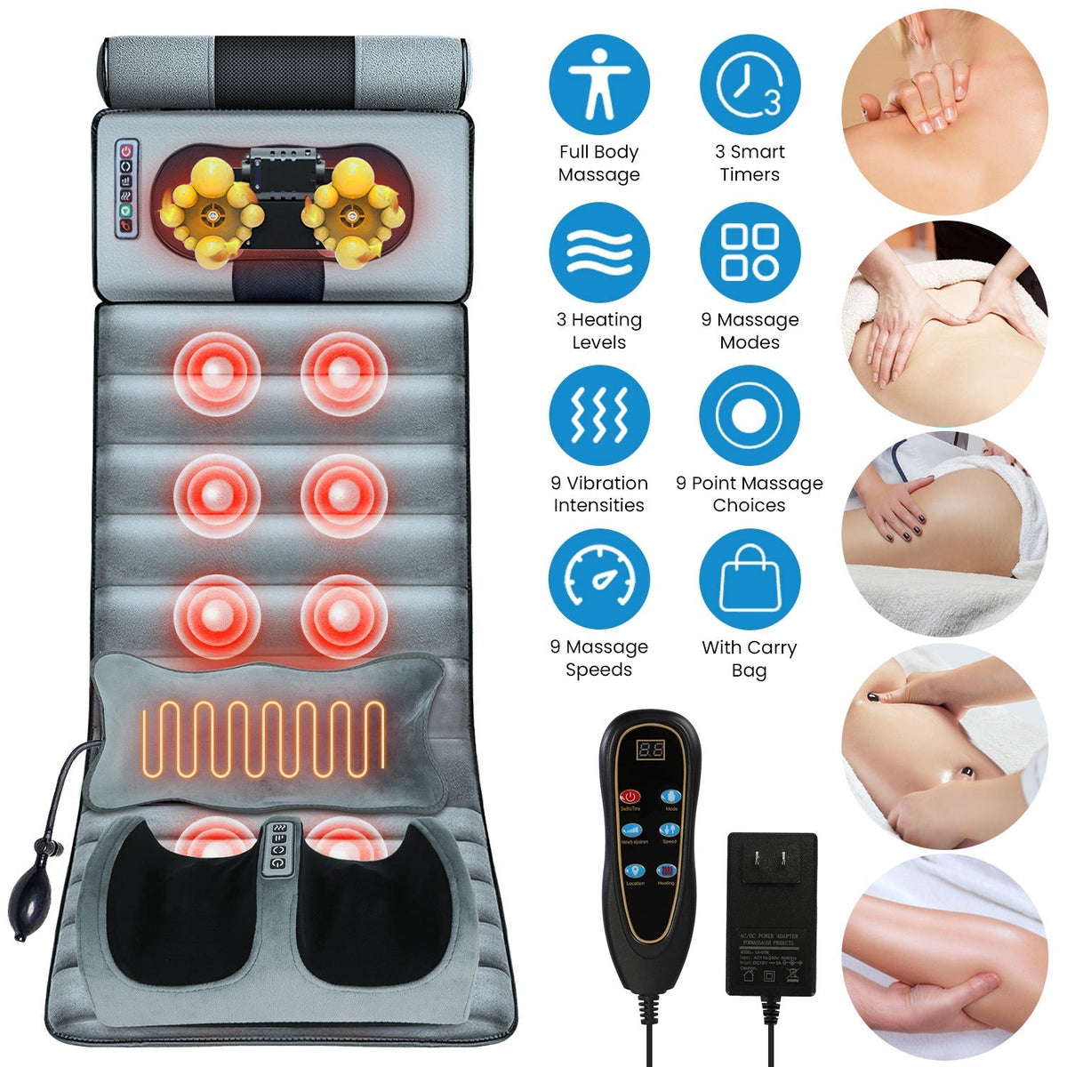 Esterilla de masaje eléctrico para cuerpo completo, cojín térmico con vibración, colchón de masaje para espalda, almohadilla para silla con masaje de cuello, masaje de pies, almohada para la cabeza e inflable