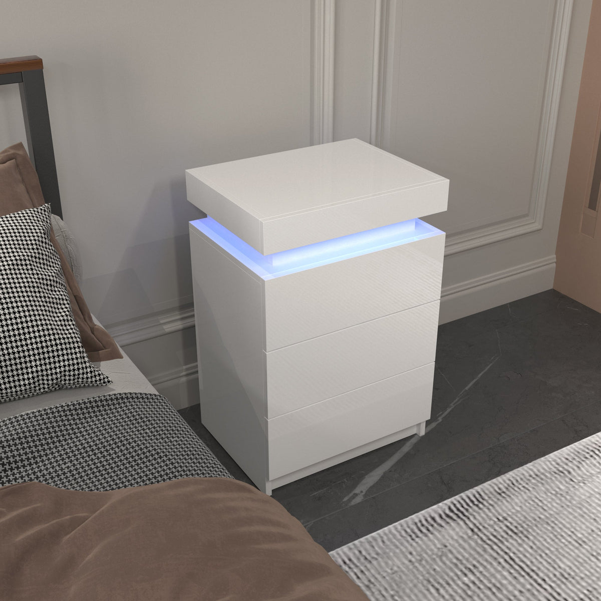 Mesita de Noche Blanca LED con 3 Cajones, Mesitas de Noche LED Modernas Multicolor para Dormitorio, Sala de Estar
