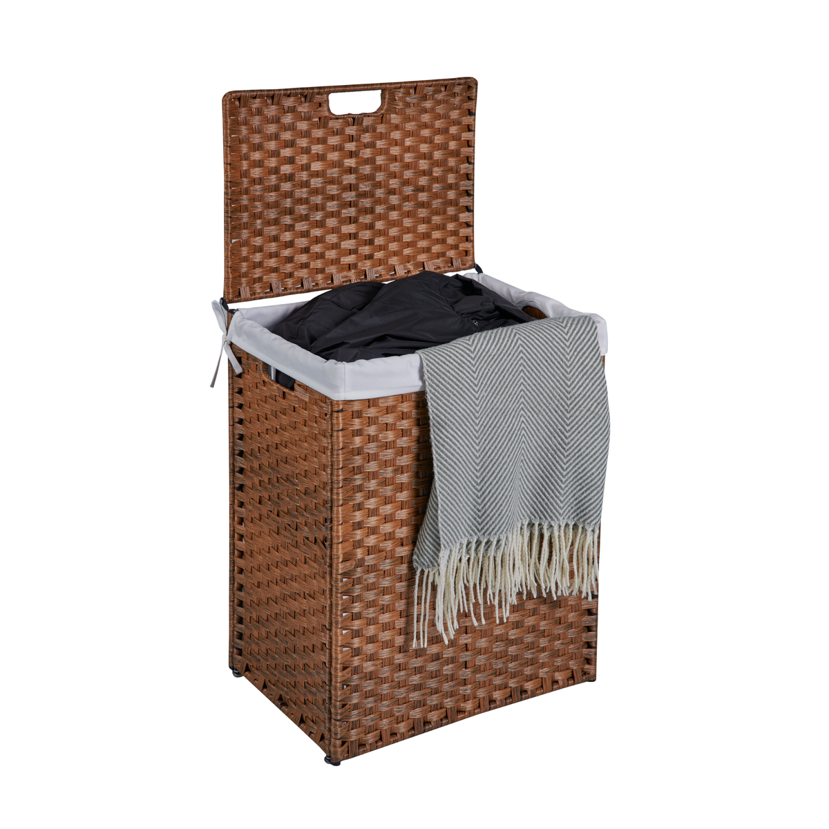 Cesto de ropa con tapa, de ratán PE, estructura con recubrimiento en polvo, con 2 bolsas extraíbles, 100 L, color marrón