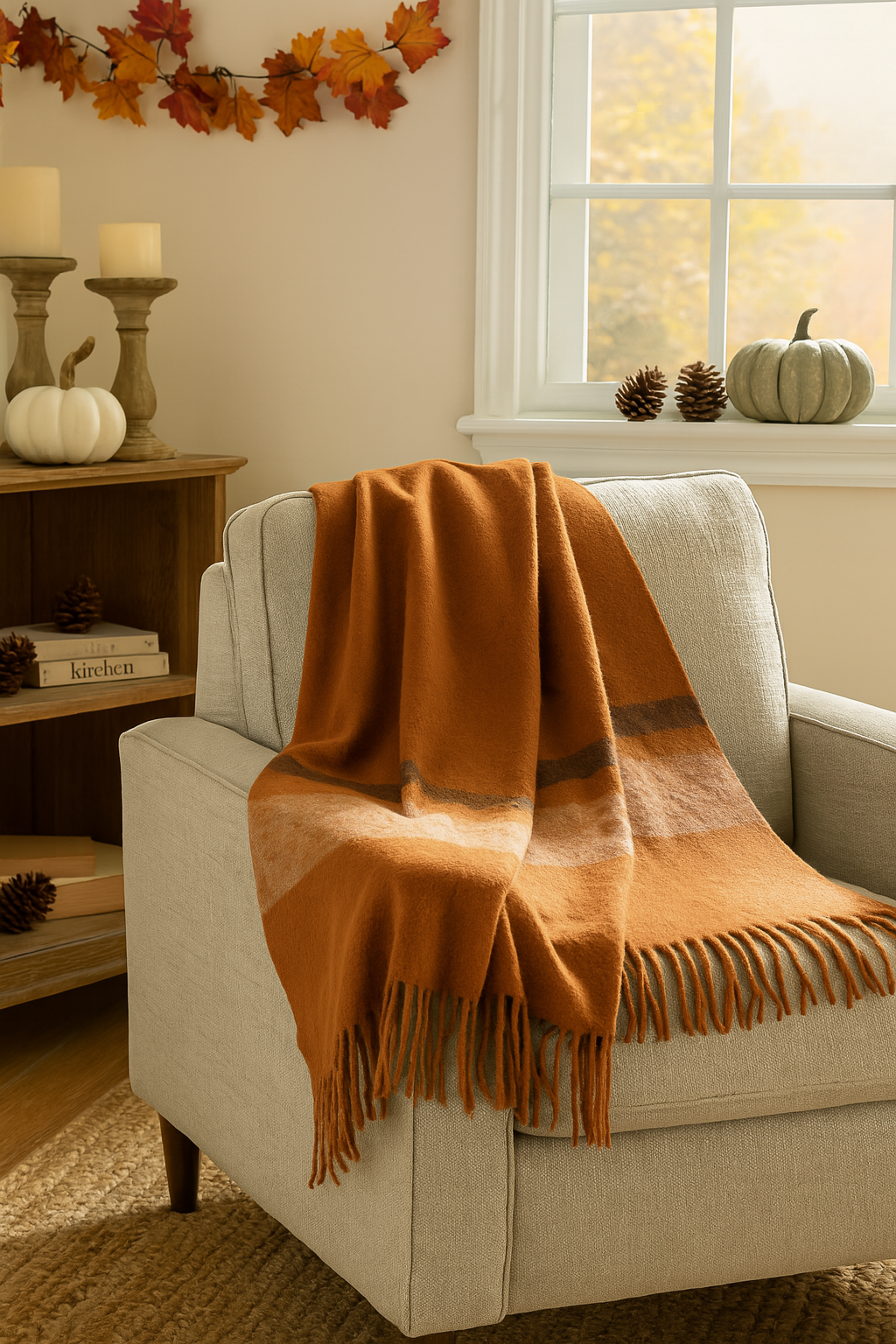 Brushed Orange Acrylic & New Zealand Wool Throw Blanket with Stripes & Fringe