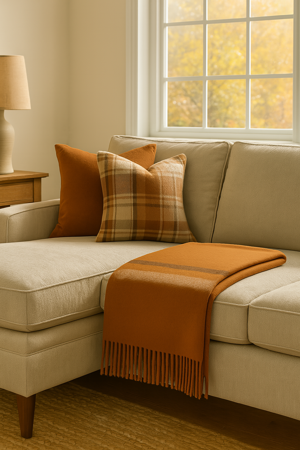 Brushed Orange Acrylic & New Zealand Wool Throw Blanket with Stripes & Fringe