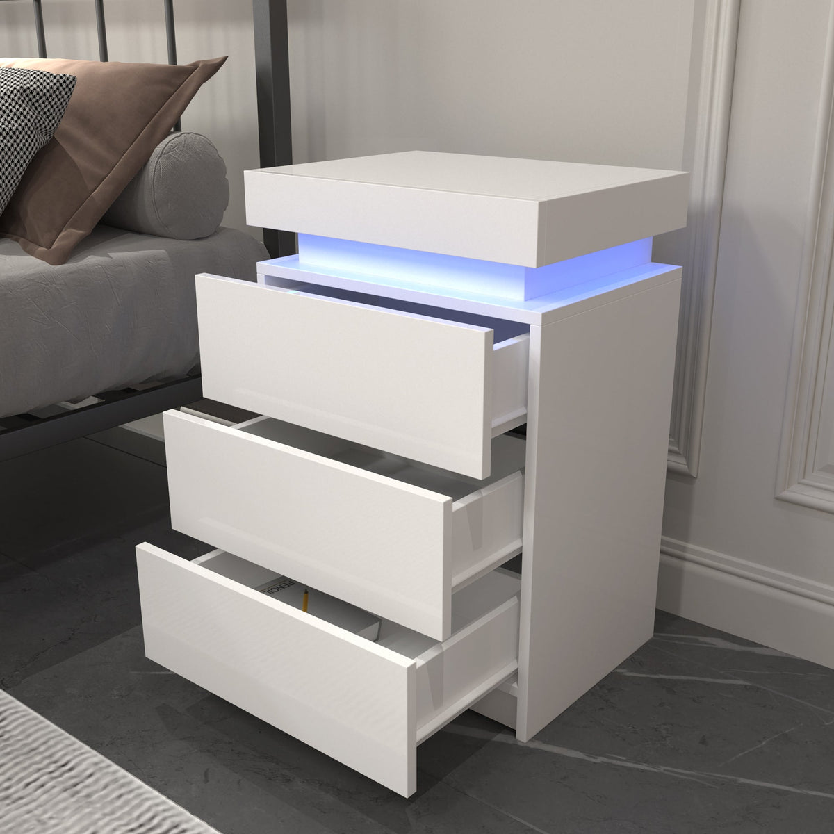 Mesita de Noche Blanca LED con 3 Cajones, Mesitas de Noche LED Modernas Multicolor para Dormitorio, Sala de Estar
