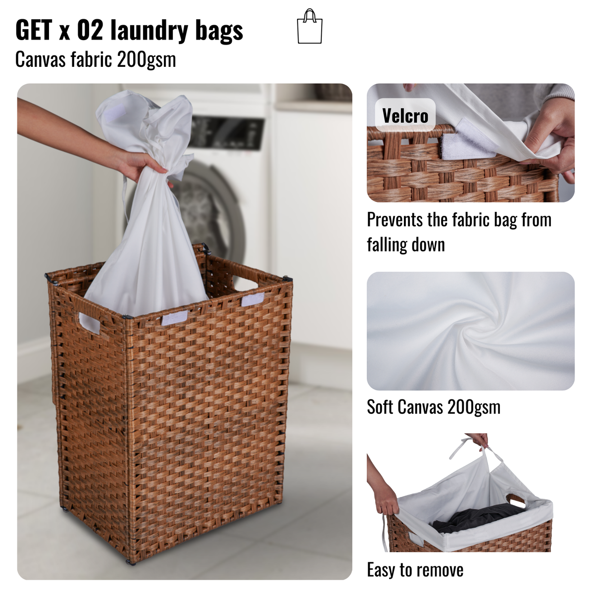 Cesto de ropa con tapa, de ratán PE, estructura con recubrimiento en polvo, con 2 bolsas extraíbles, 100 L, color marrón