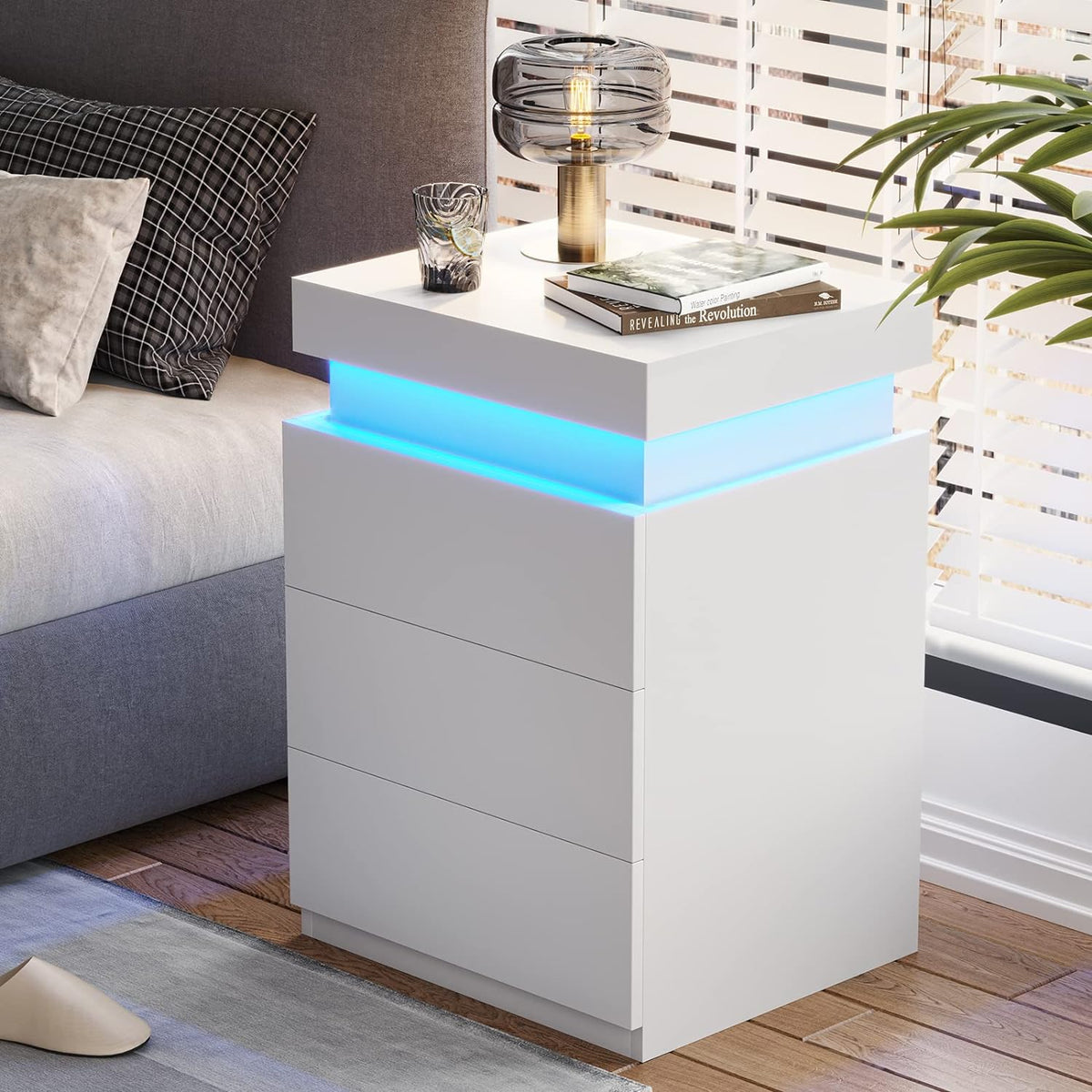 Mesita de Noche Blanca LED con 3 Cajones, Mesitas de Noche LED Modernas Multicolor para Dormitorio, Sala de Estar
