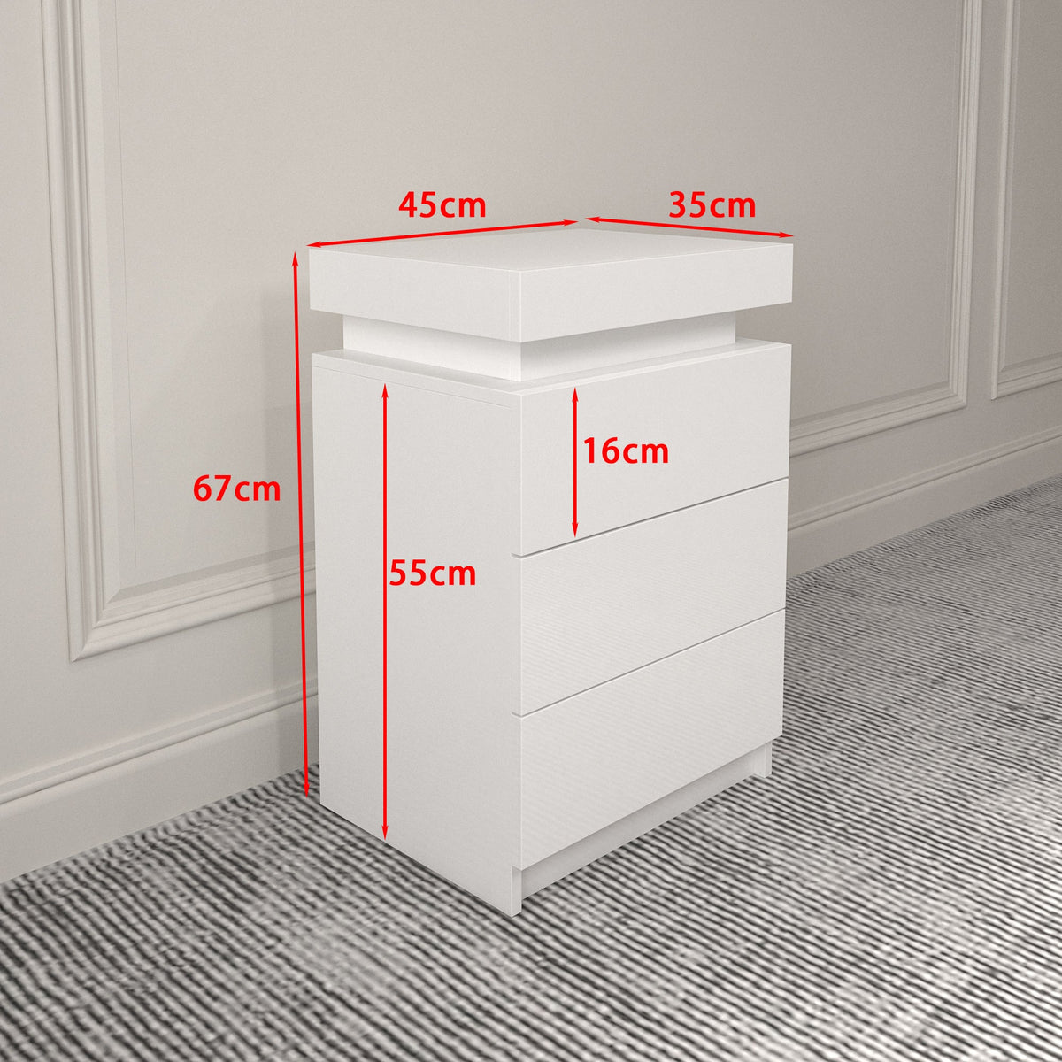 Mesita de Noche Blanca LED con 3 Cajones, Mesitas de Noche LED Modernas Multicolor para Dormitorio, Sala de Estar