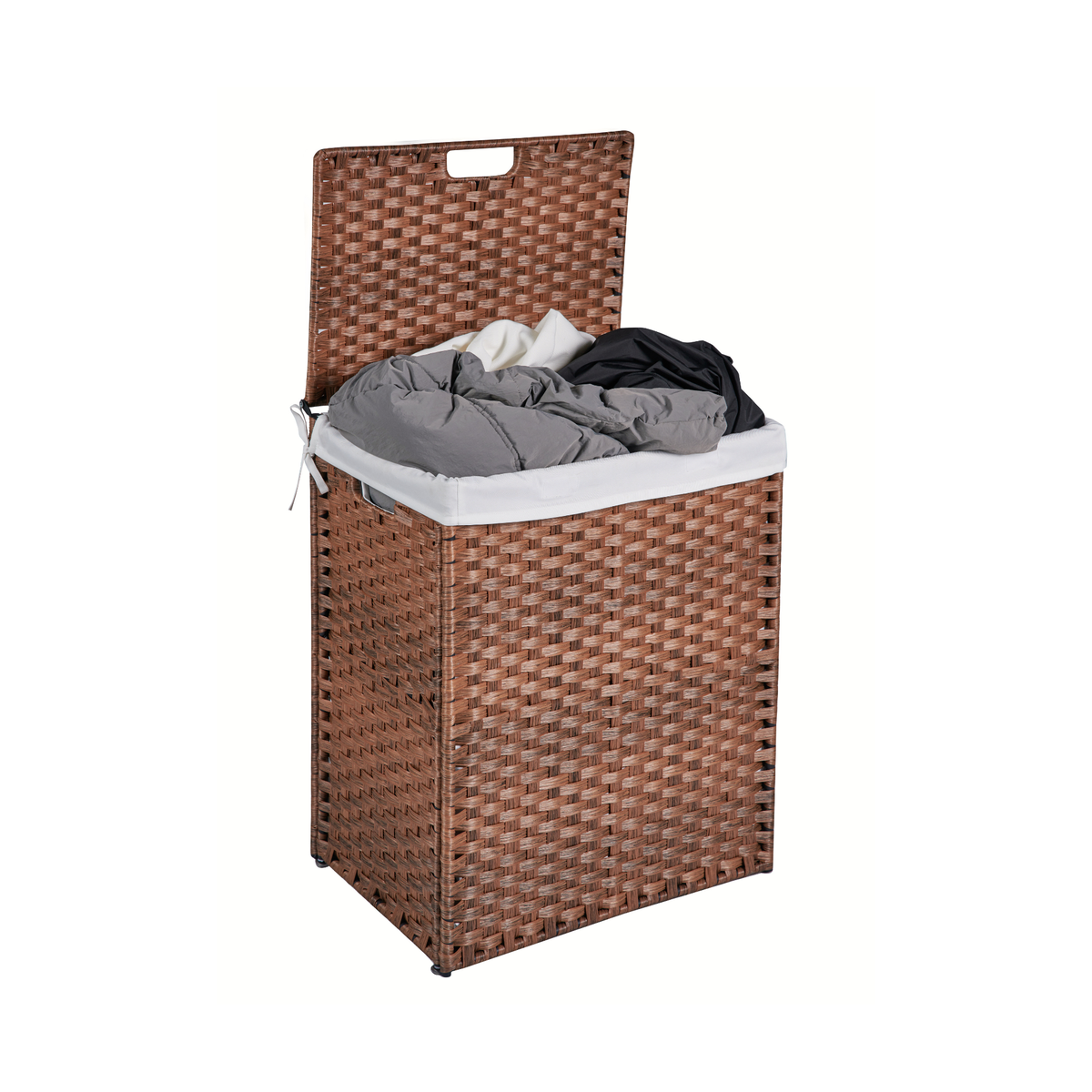 Cesto de ropa con tapa, de ratán PE, estructura con recubrimiento en polvo, con 2 bolsas extraíbles, 100 L, color marrón