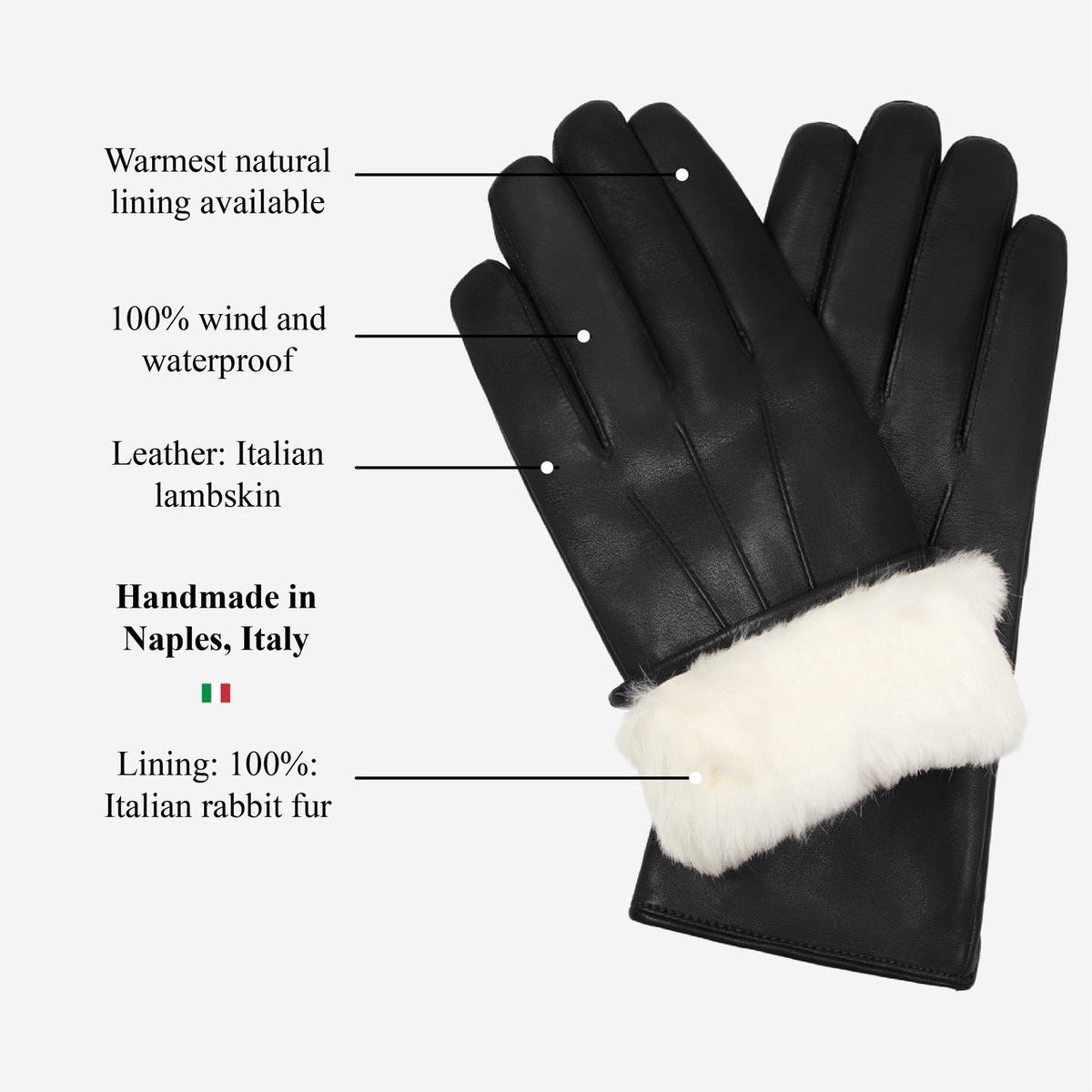 Francesca (negro) - Guantes de piel de cordero italiana con forro de piel de conejo blanco