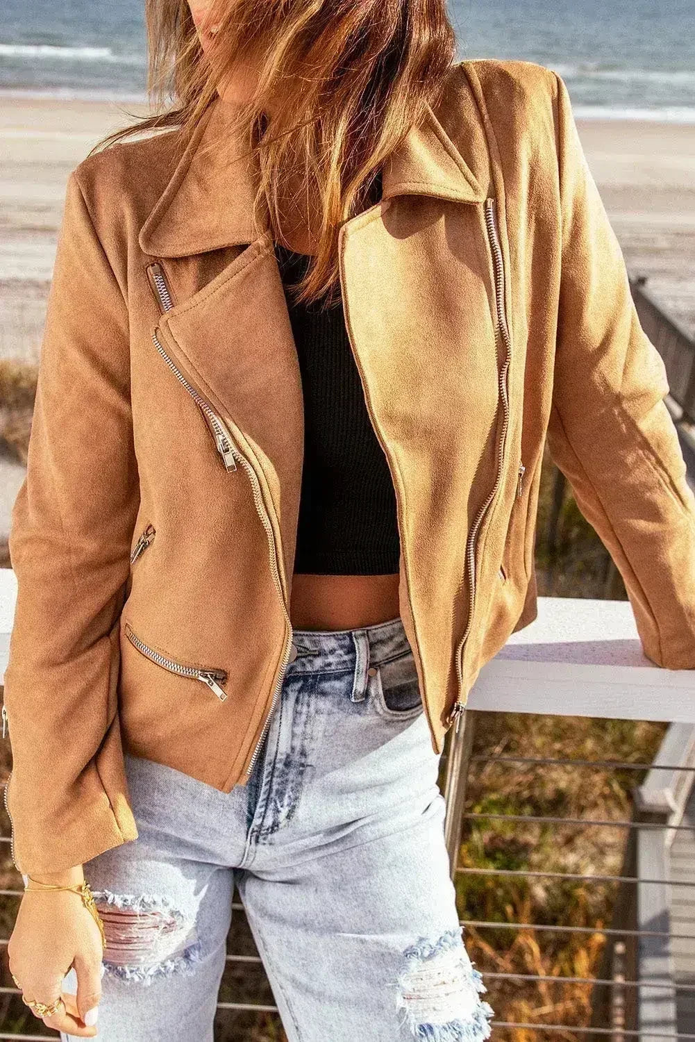 Chaqueta marrón con cuello de muesca: abrigo corto clásico con cremallera para mujer | Femstylo