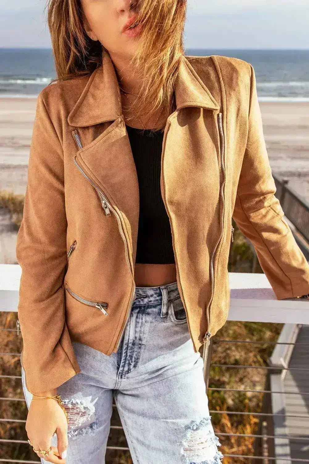 Chaqueta marrón con cuello de muesca: abrigo corto clásico con cremallera para mujer | Femstylo
