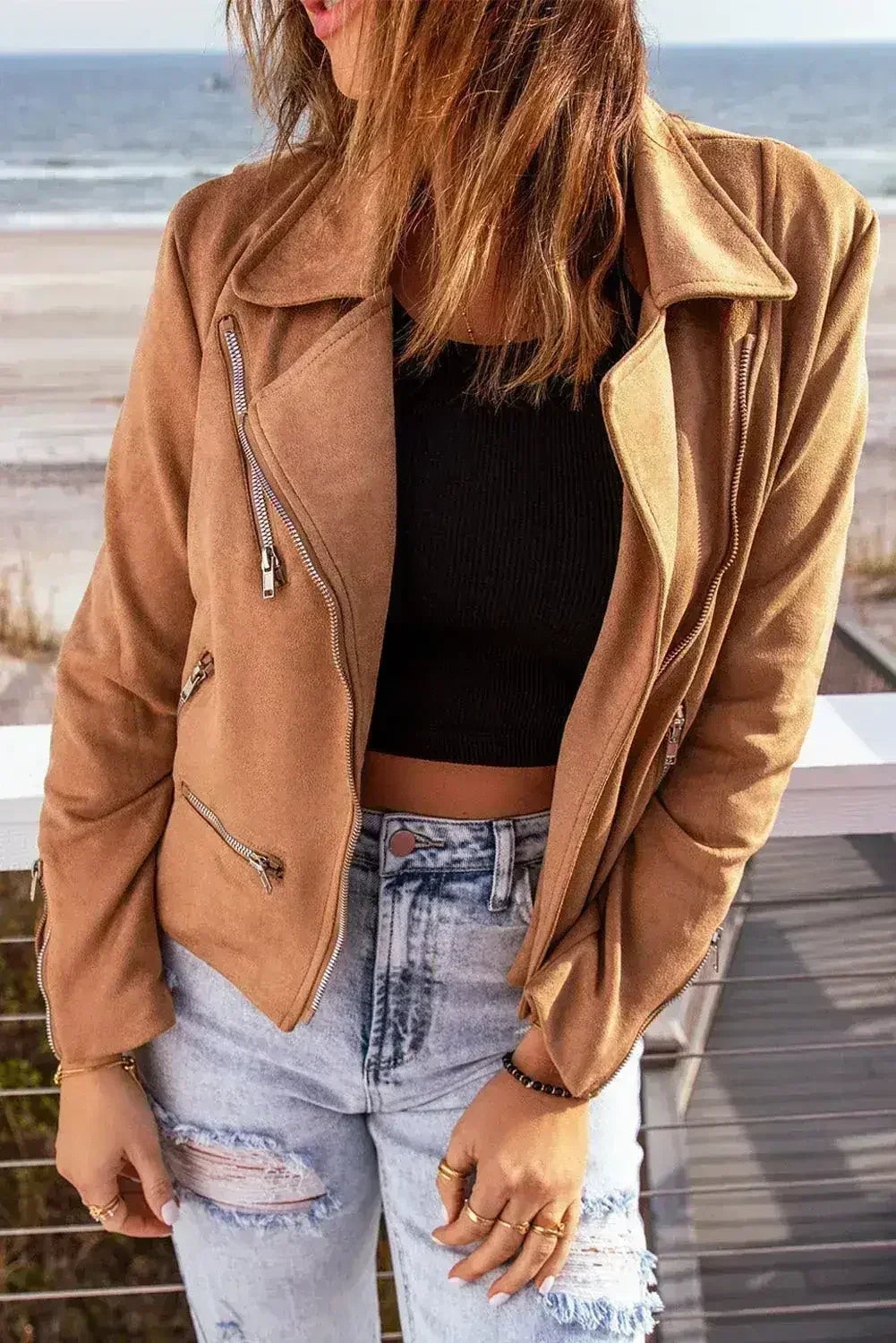 Chaqueta marrón con cuello de muesca: abrigo corto clásico con cremallera para mujer | Femstylo