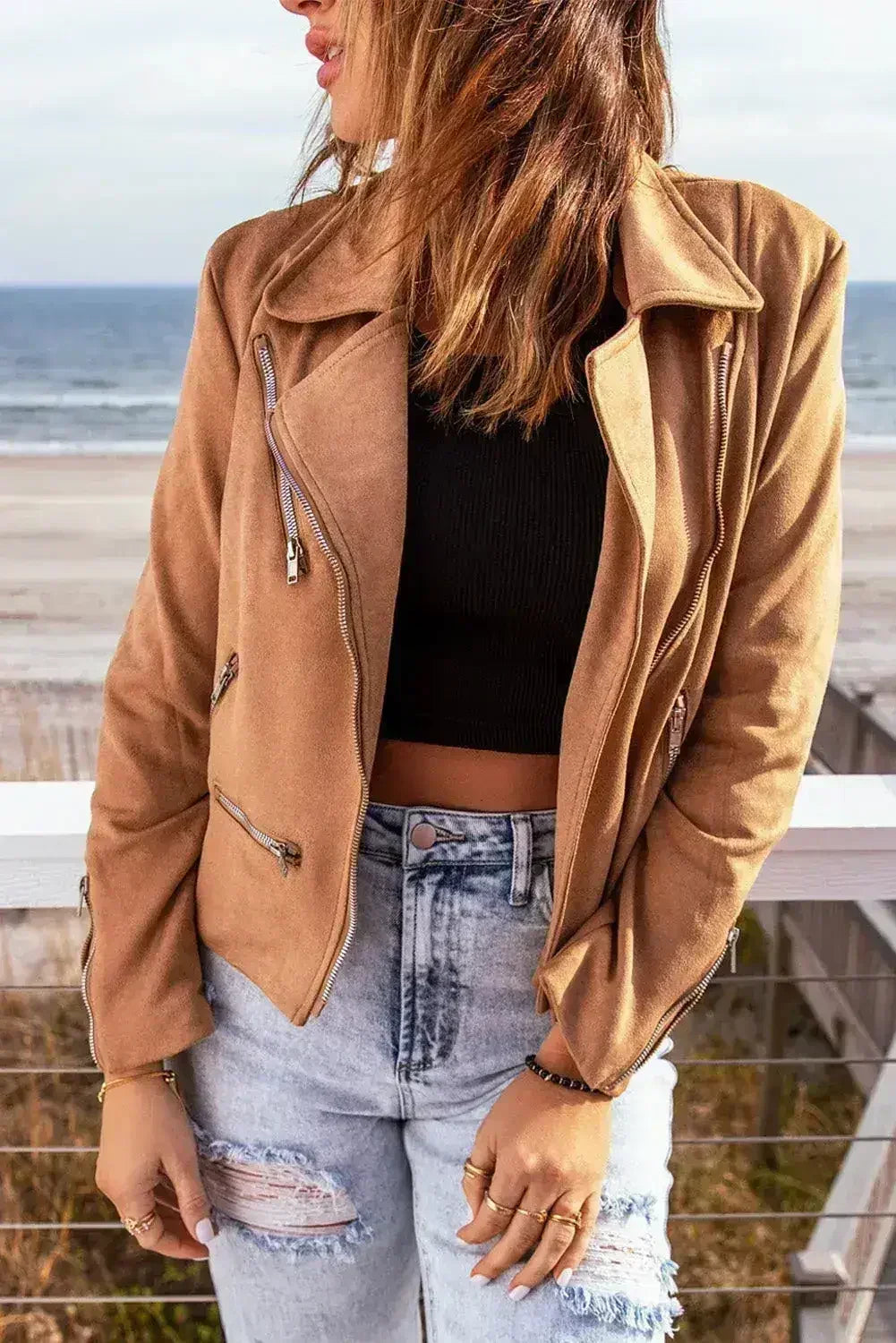 Chaqueta marrón con cuello de muesca: abrigo corto clásico con cremallera para mujer | Femstylo