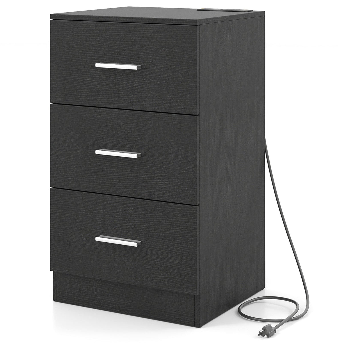 Mesa de Noche con Estación de Carga, Mesa Auxiliar con 3 Cajones de Almacenamiento, Mesa de Noche para Dormitorio