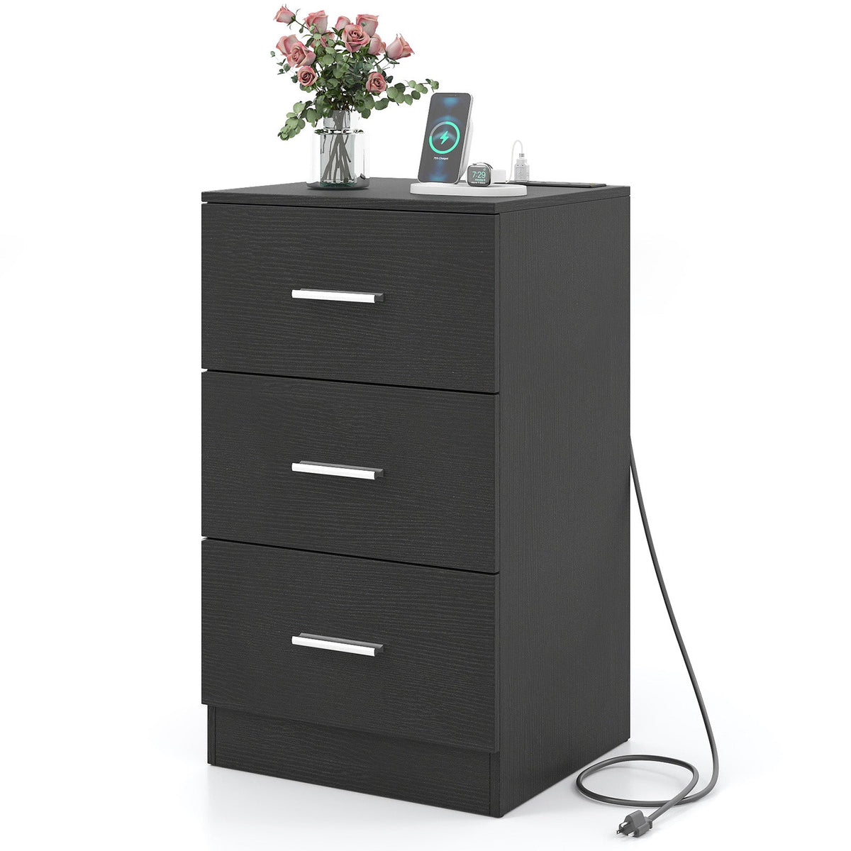 Mesa de Noche con Estación de Carga, Mesa Auxiliar con 3 Cajones de Almacenamiento, Mesa de Noche para Dormitorio